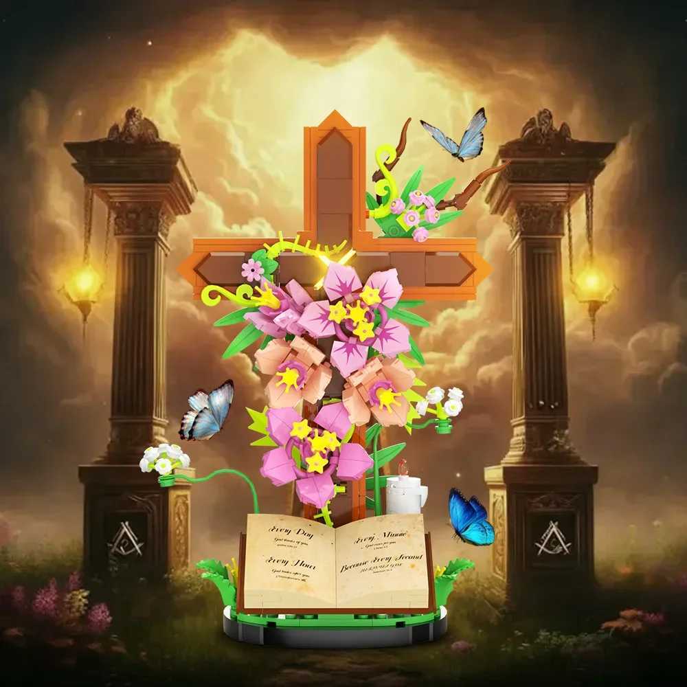 MOC i Cross Flower Bouquet Bricks Model Sacred Bible Tip Flowers Plant Building Blocks Assembly Toys Kids DIY Gifts C251203
