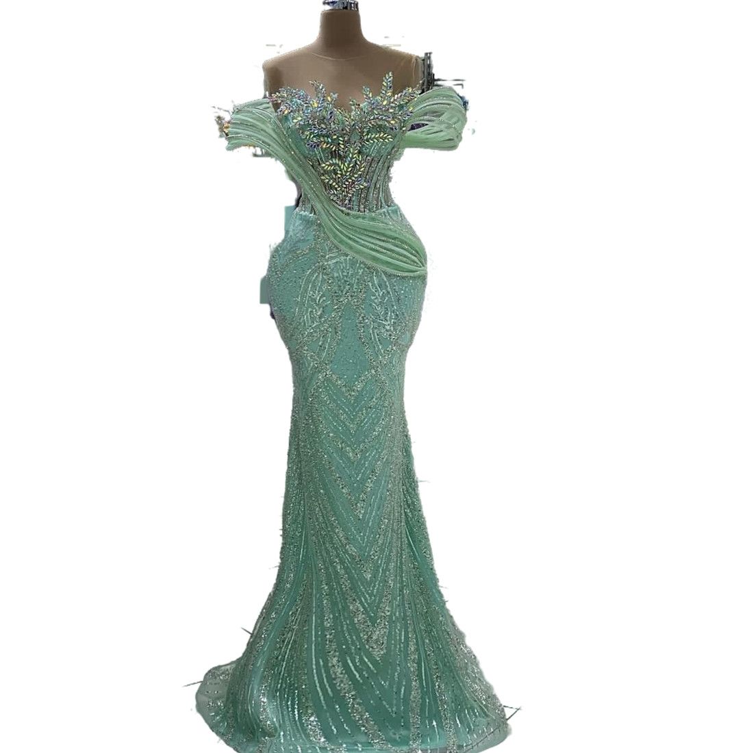 Aso Ebi Mint Mermaid Prom Dress Beaded Crystals Sequined Lace Evening Formal Party Second Reception Birthday Engagement Gowns Dresses Robe De Soiree D