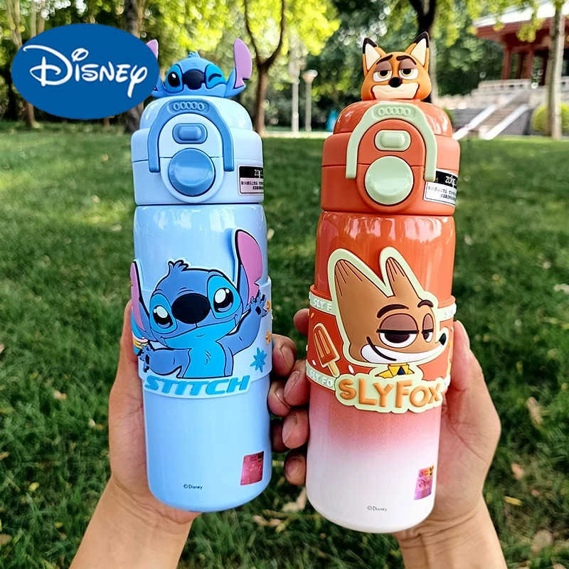 Disney New Stitch 500ml Zootopia Thermos Nick Judy Large Capacity Dual-Drinking Straw Cup Cartoon Cute Printing Student Water Cup Gift H251203