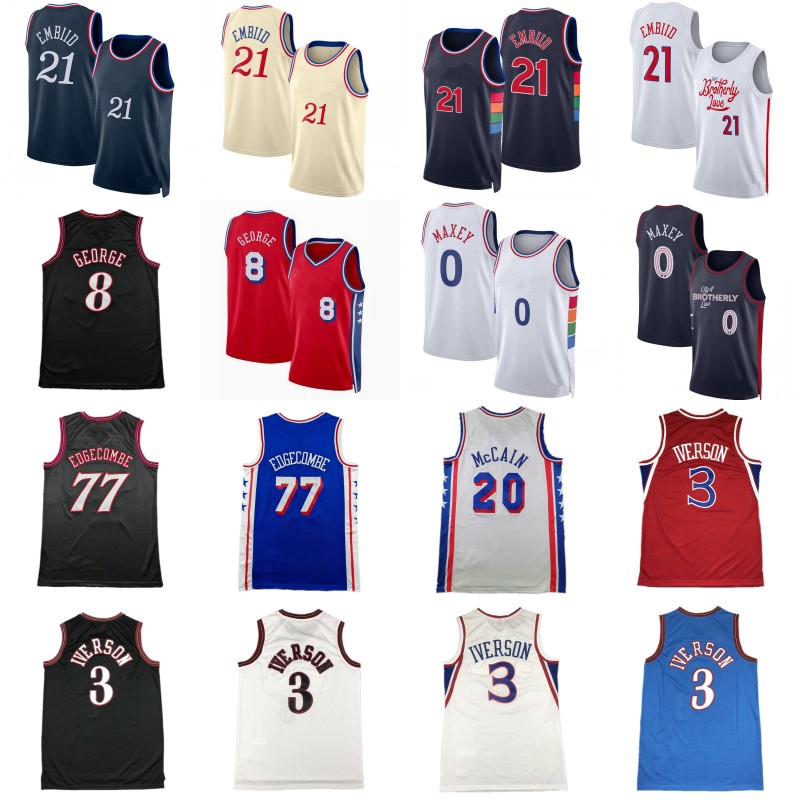 VJ Edgecombe Tyrese Maxey Joel Embiid Paul George City Basketball Jersey Mens Jared McCain Allen Iverson Retro Shirt
