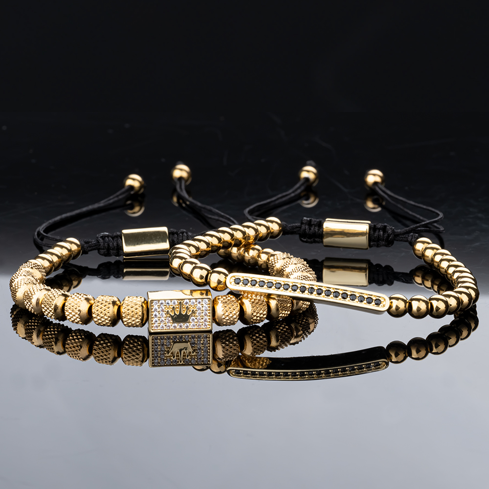 2pcs/set Charm Bracelet Men Stainless Steel Bracelet Beads Gold Color Bracelet For Men Cz Zircon Crown Bracelet