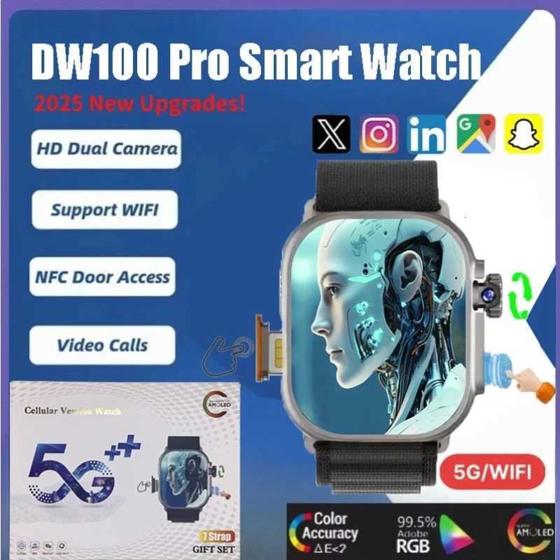 DW100 Pro Smart Watch 229 inch Amoled Fingerprint unlock Rotary Camera WiFi GPS Positioning navigation Social Chat App download C251203