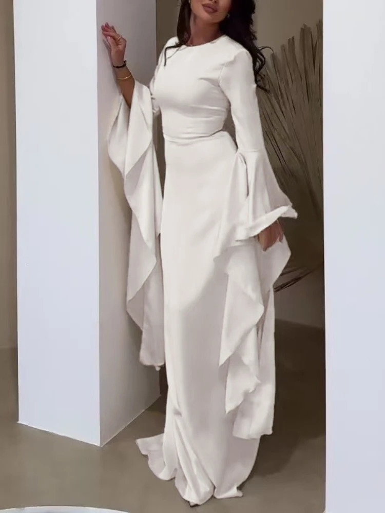 Elegant Solid Color O Neck Chiffon Straight Modest Casual Party Robe Simple Big Swing Sleeves A-line Loose Evening Dress 251129