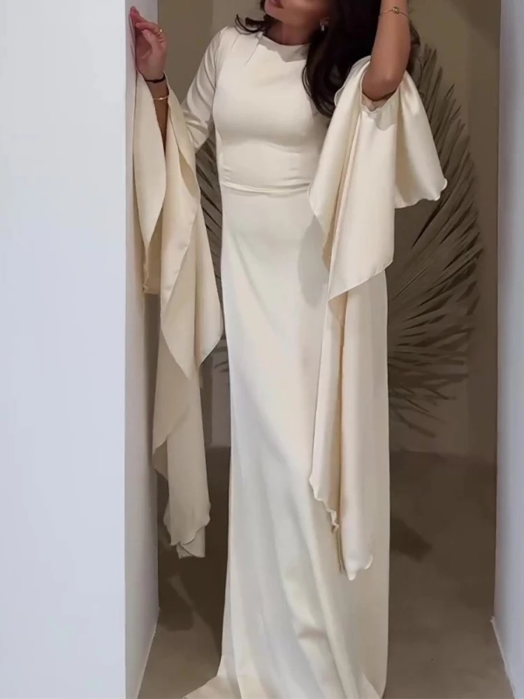 Elegant Solid Color O Neck Chiffon Straight Modest Casual Party Robe Simple Big Swing Sleeves A-line Loose Evening Dress 251129