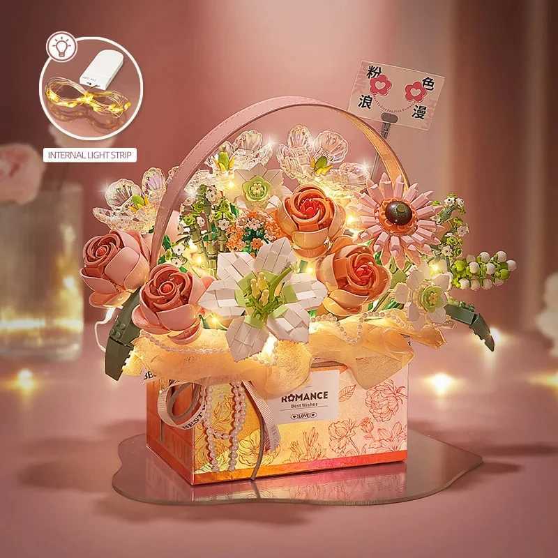 Creative Rose Basket Bouquet Building Blocks Portable Flower Bouquet Gift Box Series Model Bricks Girls Gifts Kids Toys C251203