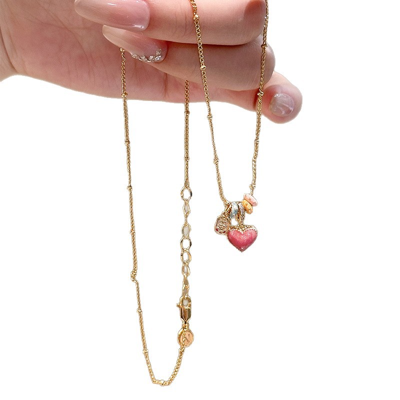 Real Gold Plated Zircon Oil Drop Heart Necklace Korean Style Sweet Temperament Collarbone Chain Light Luxury Niche Versatile Women's Jewelry - view 6