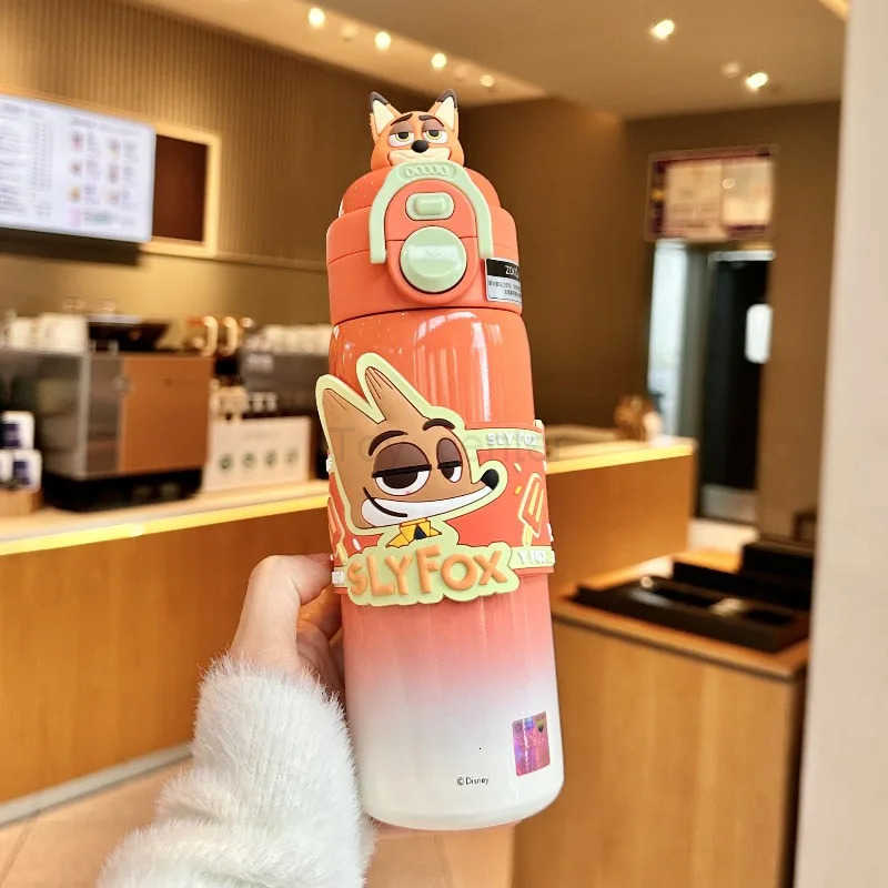 Disney Zootopia 2 Thermos Judy Nick Cartoon Cute Double Drinking Mouth Water Cup Straw Keep Cool Students Bottle Commute Gifts H251203