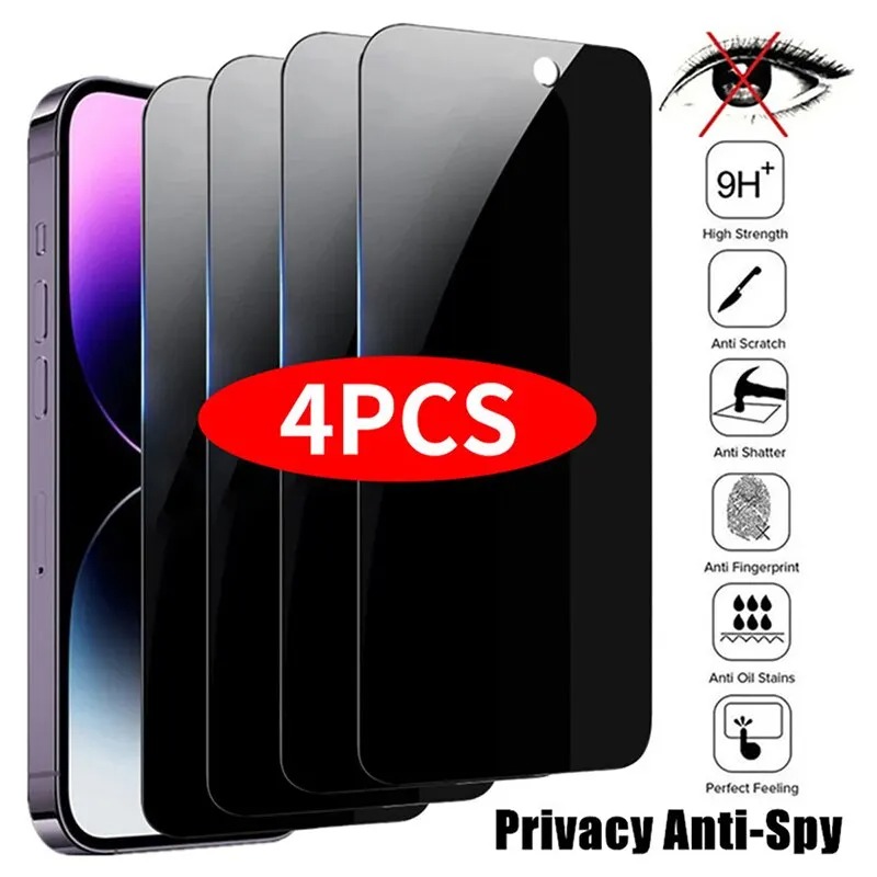 4Pcs Full Cover Privacy Screen Protector For iPhone 16 11 12 13 14 Pro Max Mini 8K Anti-spy Glass For iPhone 15 17 PRO XR XS MAX