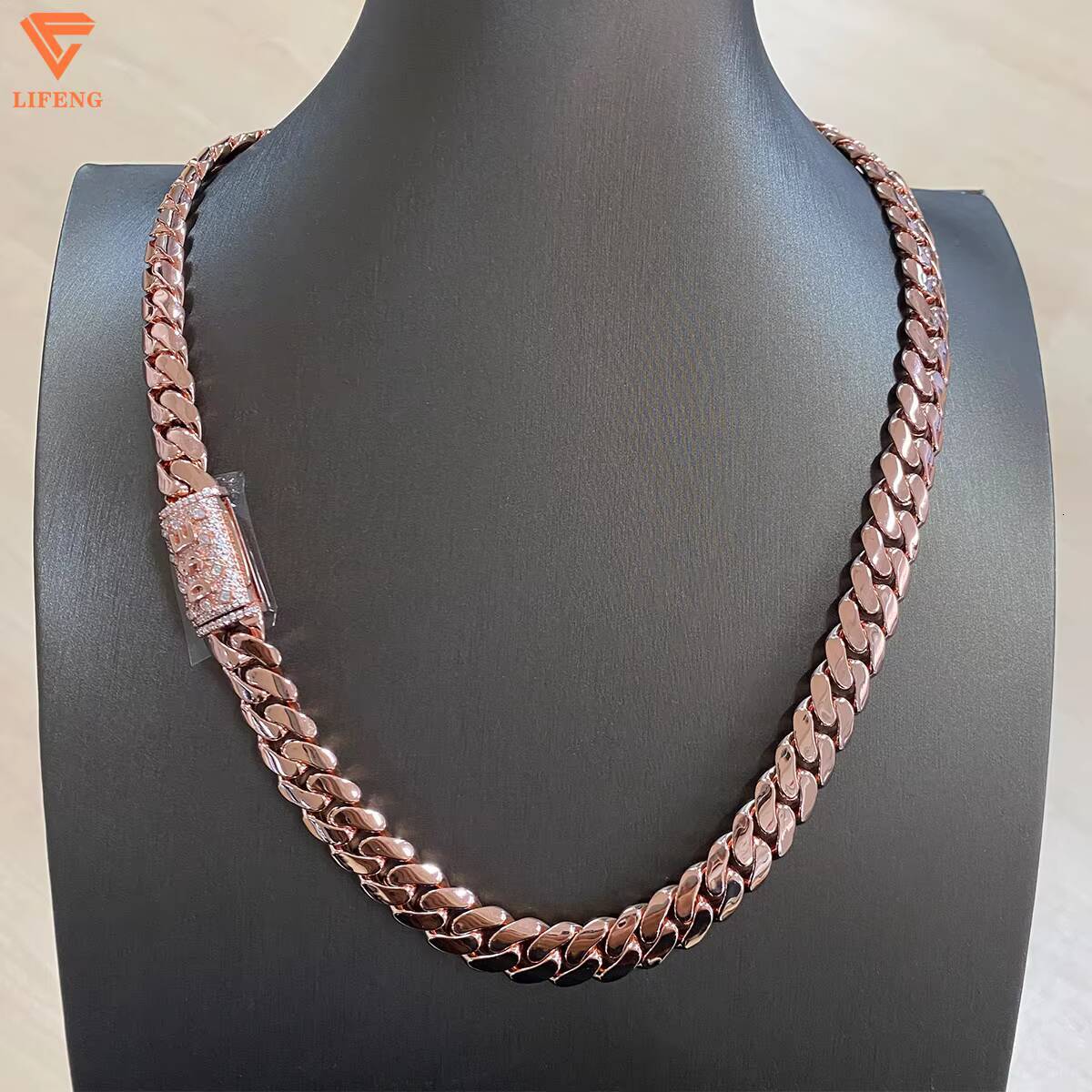 Rose Gold Iced Out Custom Moissanite Clasp 12mm Solid 925 Sterling Silver Plain Hip Hop Miami Cuban Chain for Men