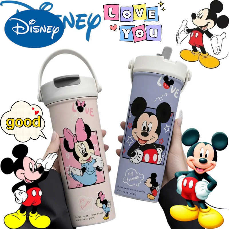 Disney Minnie Mickey Thermos High Color Value Printed Couple Outdoor Sports Portable Large Capacity Double Drinking Suction Cup H251203