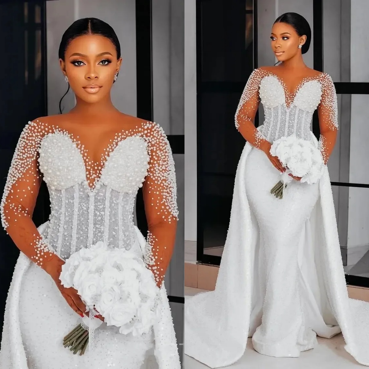 Shiny Pearls Mermaid Bridal Gowns Off Shoulder Long Sleeve Wedding Dresses Sequins Vestidos De Novia Customized