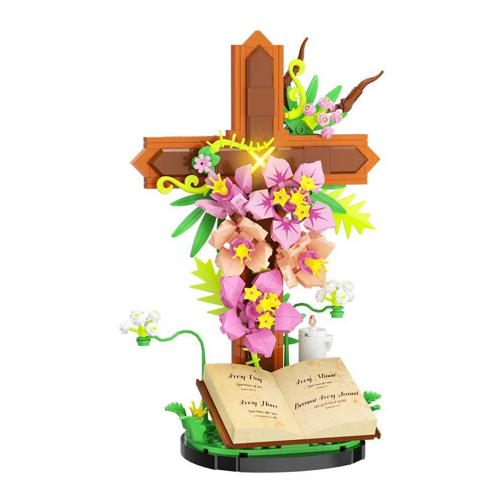 MOC i Cross Flower Bouquet Bricks Model Sacred Bible Tip Flowers Plant Building Blocks Assembly Toys Kids DIY Gifts C251203