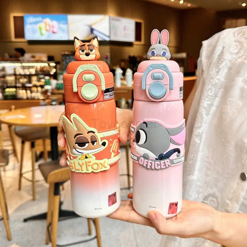 Disney Zootopia 2 Thermos Judy Nick Cartoon Cute Double Drinking Mouth Water Cup Straw Keep Cool Students Bottle Commute Gifts H251203
