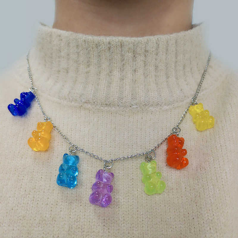Popular accessory: multicolored cartoon resin teddy bear necklace, candy-colored teddy bear, cool girl-style personalized sweater chainXJ250912
