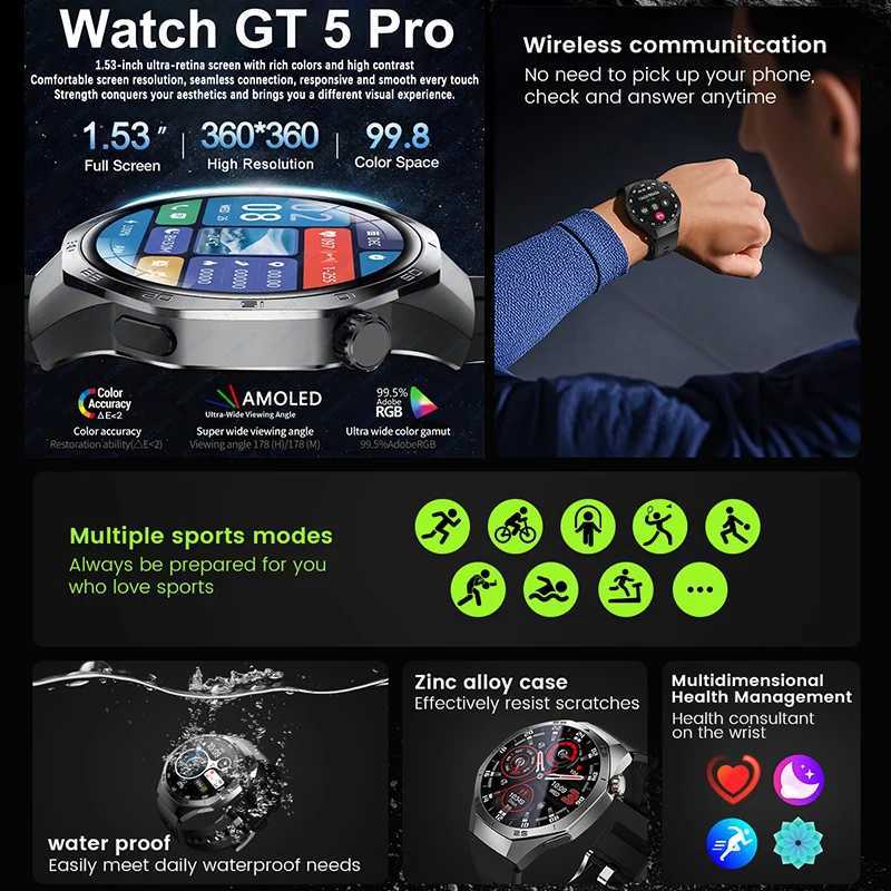 New GT5 Pro Smart Watch Men HD AMOLED Sn GPS Motion Trajectory Rate Call Sports Smart Watch IP68 Waterproof C251203