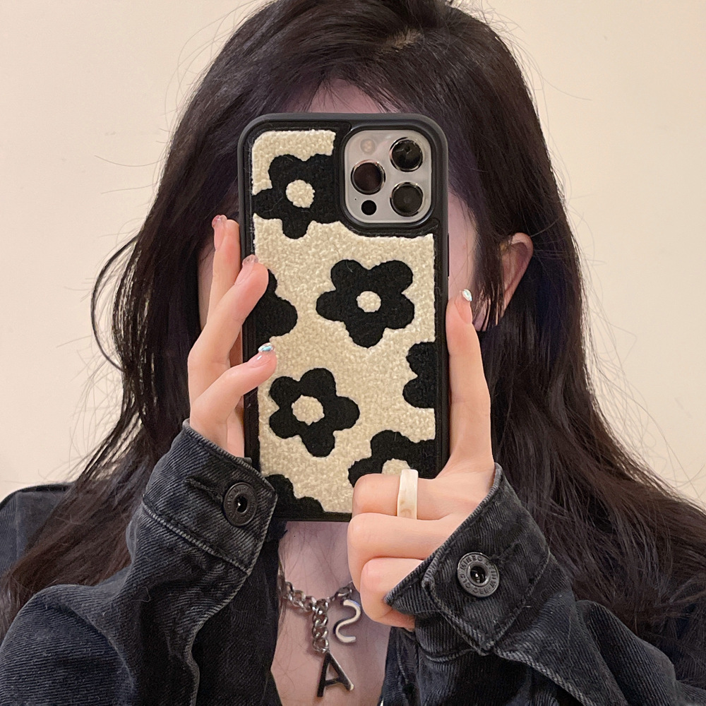Plush Embroidered Black Flower Phone Case for iPhone 17 Pro Max, Apple 16/15/14, Autumn Winter Shockproof Cover
