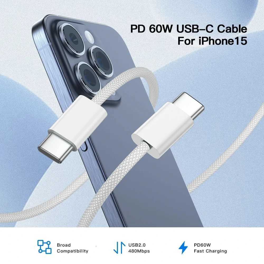 10 PCS 60W PD USB-C Fast Charging Braided Cable For iPhone 15 16 Pro Max Redmi Type C Cables With Retail Box C251203
