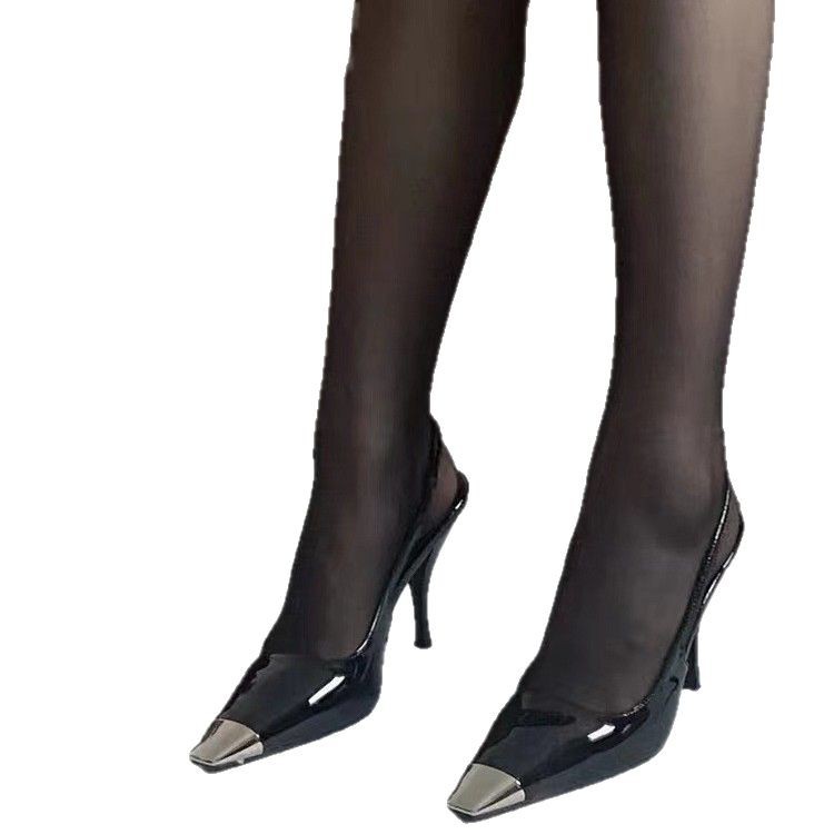 2025 new Women's pointed-toe high heels black patent leather sandals women's single shoes stiletto heels