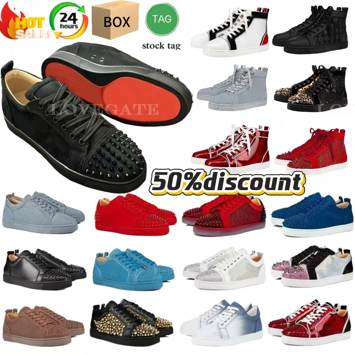 Sneakers Red bottomshoes designer Dress Casual Shoes Glitter Grey Rivets Leather Suede Men Women Fashion Spikes classic Office Career Wedding Trainers size 36-45