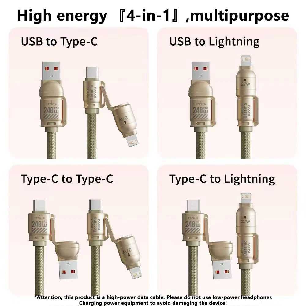 4 in 1 USB Type-C 240W Fast Charge Cable Type-C to Lightning Mobile Phone Lanyard PD27w Charging Cable for iPhone Oneplus C251203