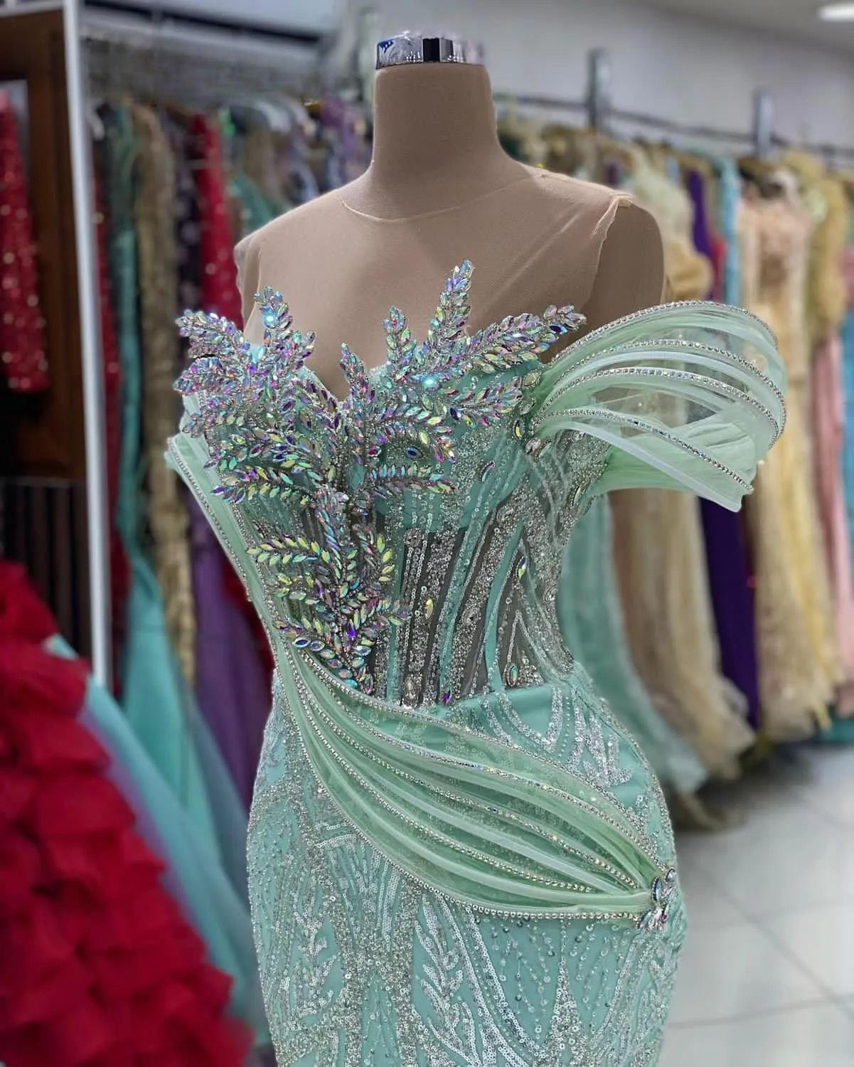 Aso Ebi Mint Mermaid Prom Dress Beaded Crystals Sequined Lace Evening Formal Party Second Reception Birthday Engagement Gowns Dresses Robe De Soiree D