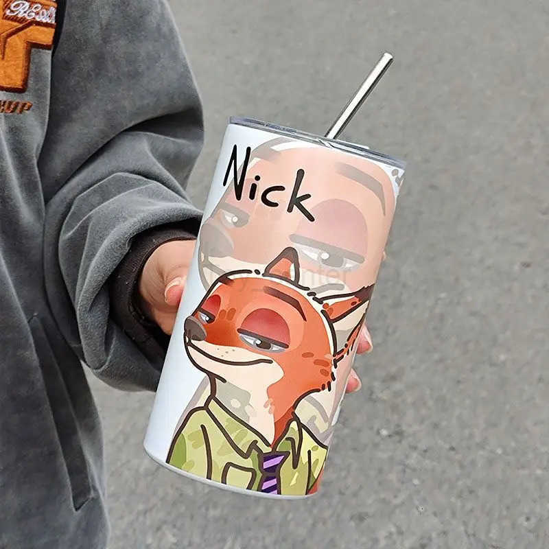 Disney 600Ml Zootopia Nick Wilde Judy Hopps Straw Cup 304 Stainless Steel Student Portable Anti-Fall Coffee Cup Cute Water Cup H251203
