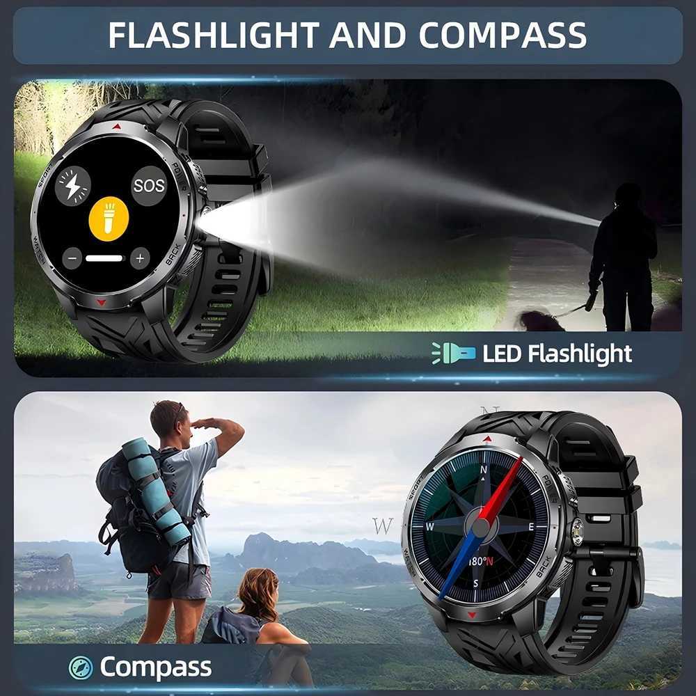 2025 New Military Smart Watch 1100Mah Battery GPS Cpass 5ATM Waterproof Tactics Sport Flashlight BT call Smart Watch For Men C251203