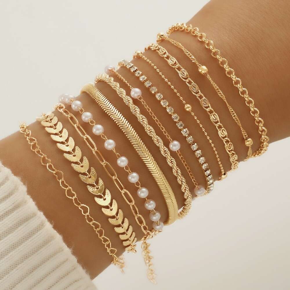European and American 12-Piece Fashion Metal Minimalist Bracelet Set Leaf Imitation Pearl Beaded Jewelry designer luxury jewelry gold alloy bracelets