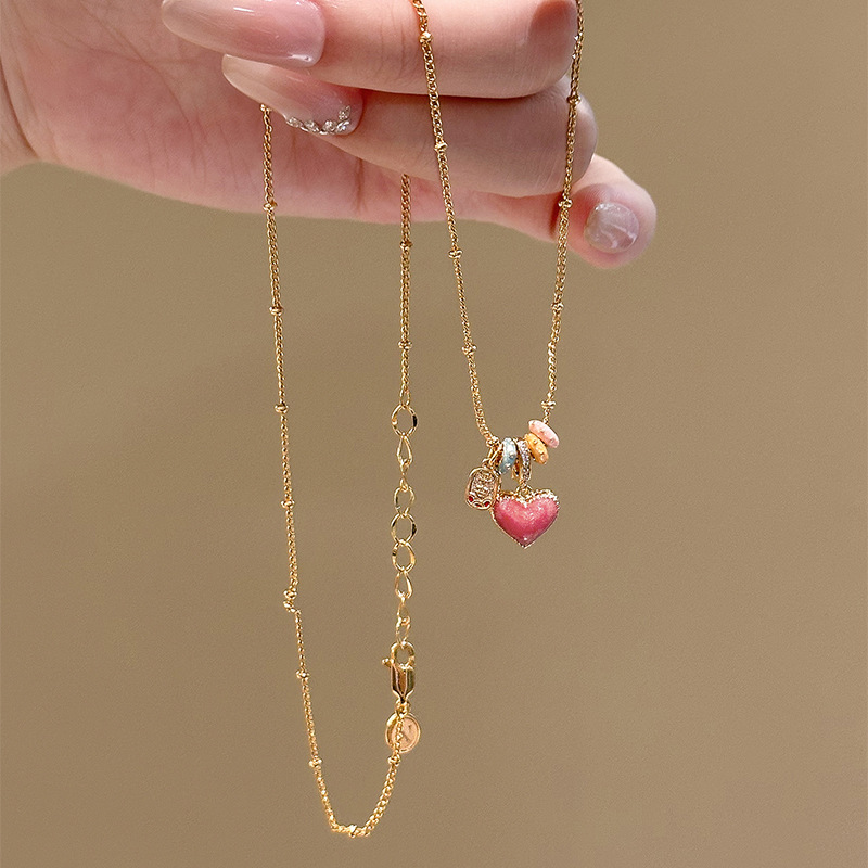 Real Gold Plated Zircon Oil Drop Heart Necklace Korean Style Sweet Temperament Collarbone Chain Light Luxury Niche Versatile Women's Jewelry - view 7