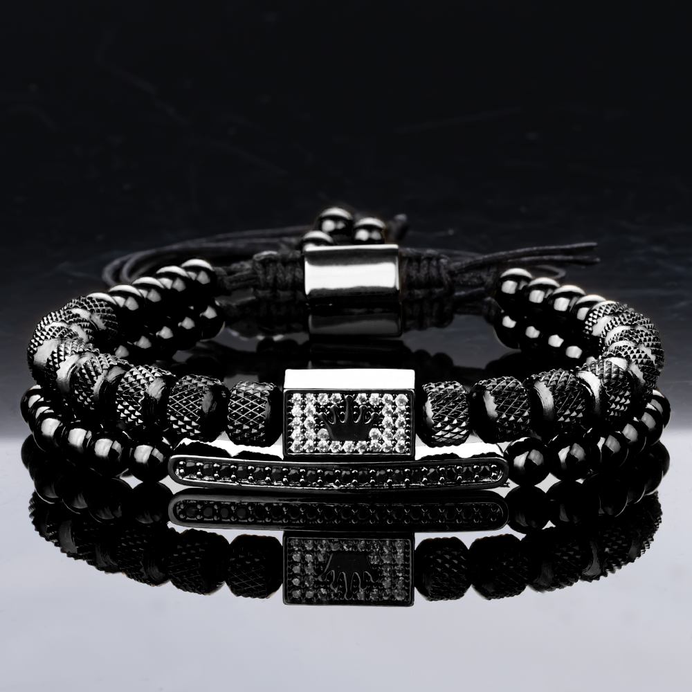 2pcs/set Charm Bracelet Men Stainless Steel Bracelet Beads Gold Color Bracelet For Men Cz Zircon Crown Bracelet