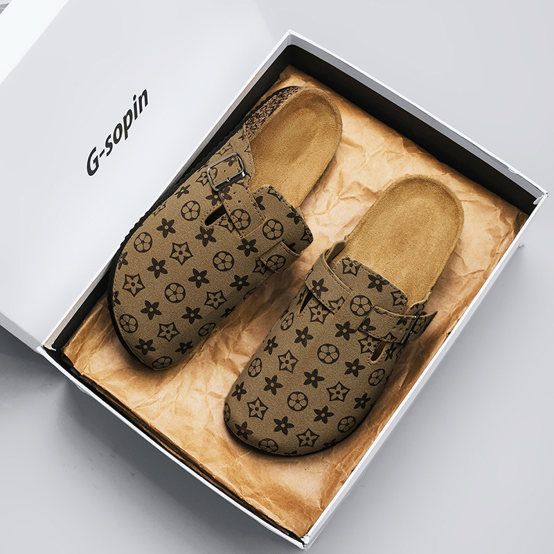 Free shipping men's monogram pattern clogs slippers fashionable buckle strap cork insole slip-on casual daily indoor outdoor men's fashion c