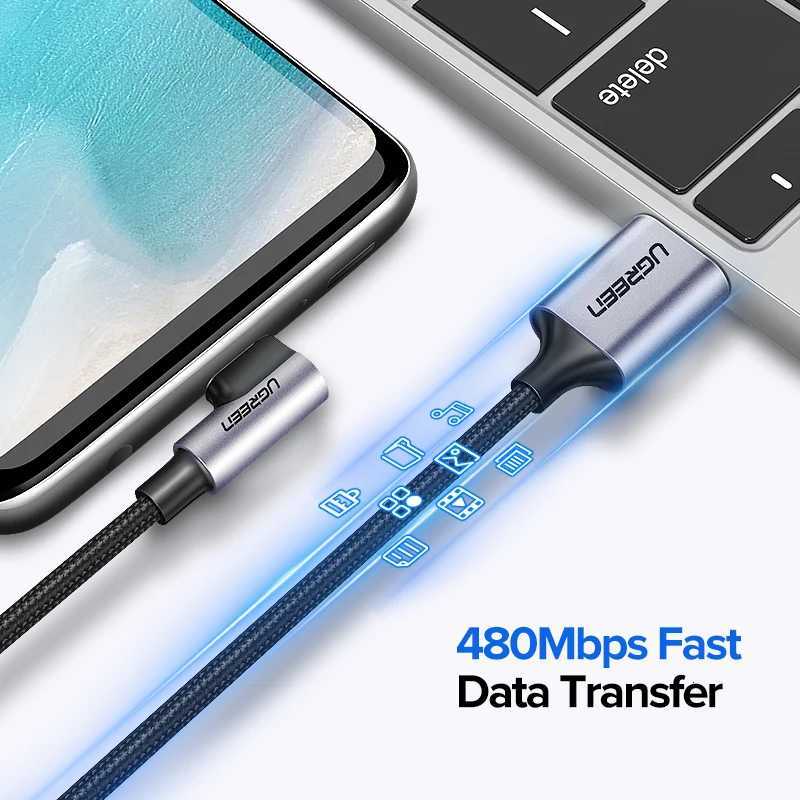 UGREEN Nylon USB C Cable 90 Degree Fast Charger USB Type C Cable for Mi 8 Galaxy S9 Plus Mobile Phone USB-C Cord C251203