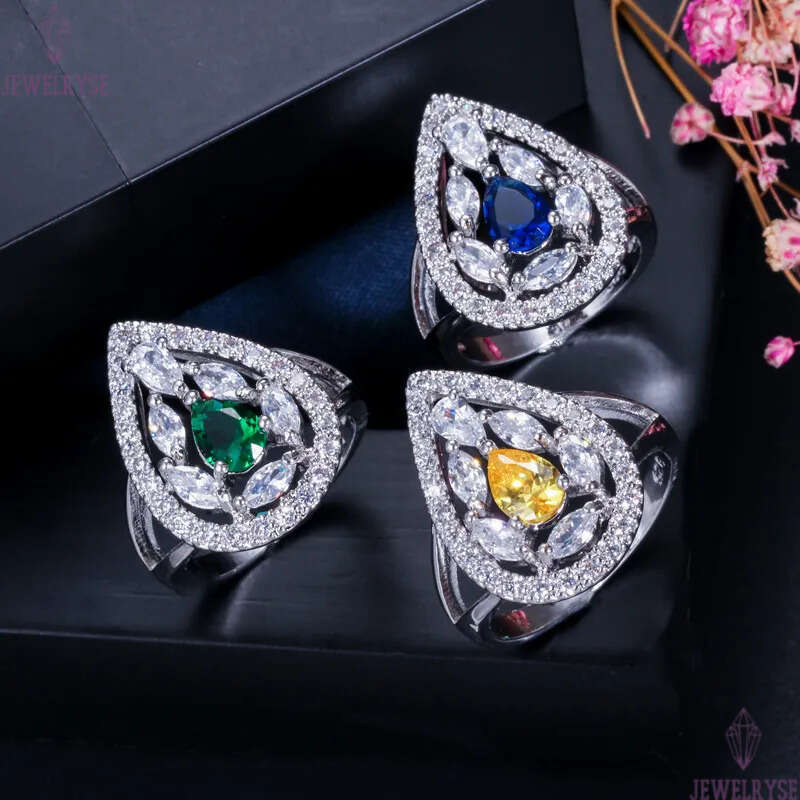 Luxury Jewelry Designer Bride Wedding Water Drop Rings Size 6-9 AAA Cubic Zirconia Copper White Blue Yellow Green Diamond Love Engagement Silver CZ Ri