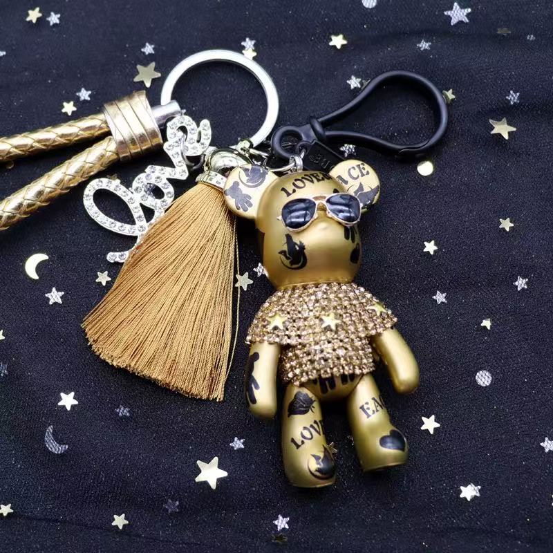 New Love Peace Movable Joints Bear Keychain Men Leather Tassel Key Chain On Bag Car Trinket Women Jewelry Party Gift