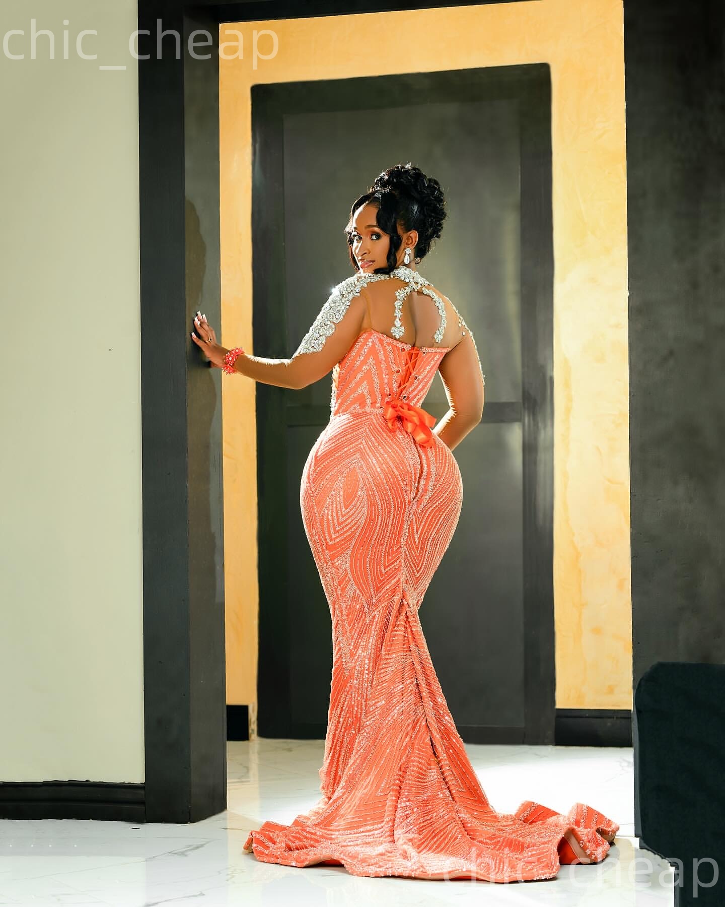 Aso Ebi Coral Mermaid Prom Dresses 2026 Beaded Crystals Full Sleeves Evening Formal Party Second Birthday Engagement Gowns Plus Size Dress For Special