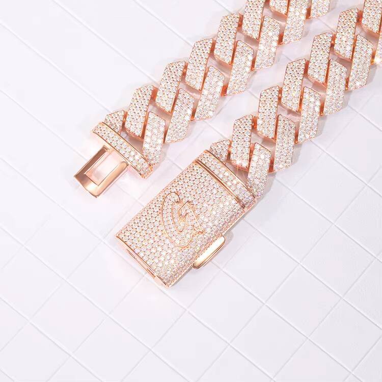Hot Sale Customizable Miami Style Cuban Chain 255mm Wide 3 Rows VVS Moissanite Pink Color Hip-hop Silver 3 Rows VVS Moissanite