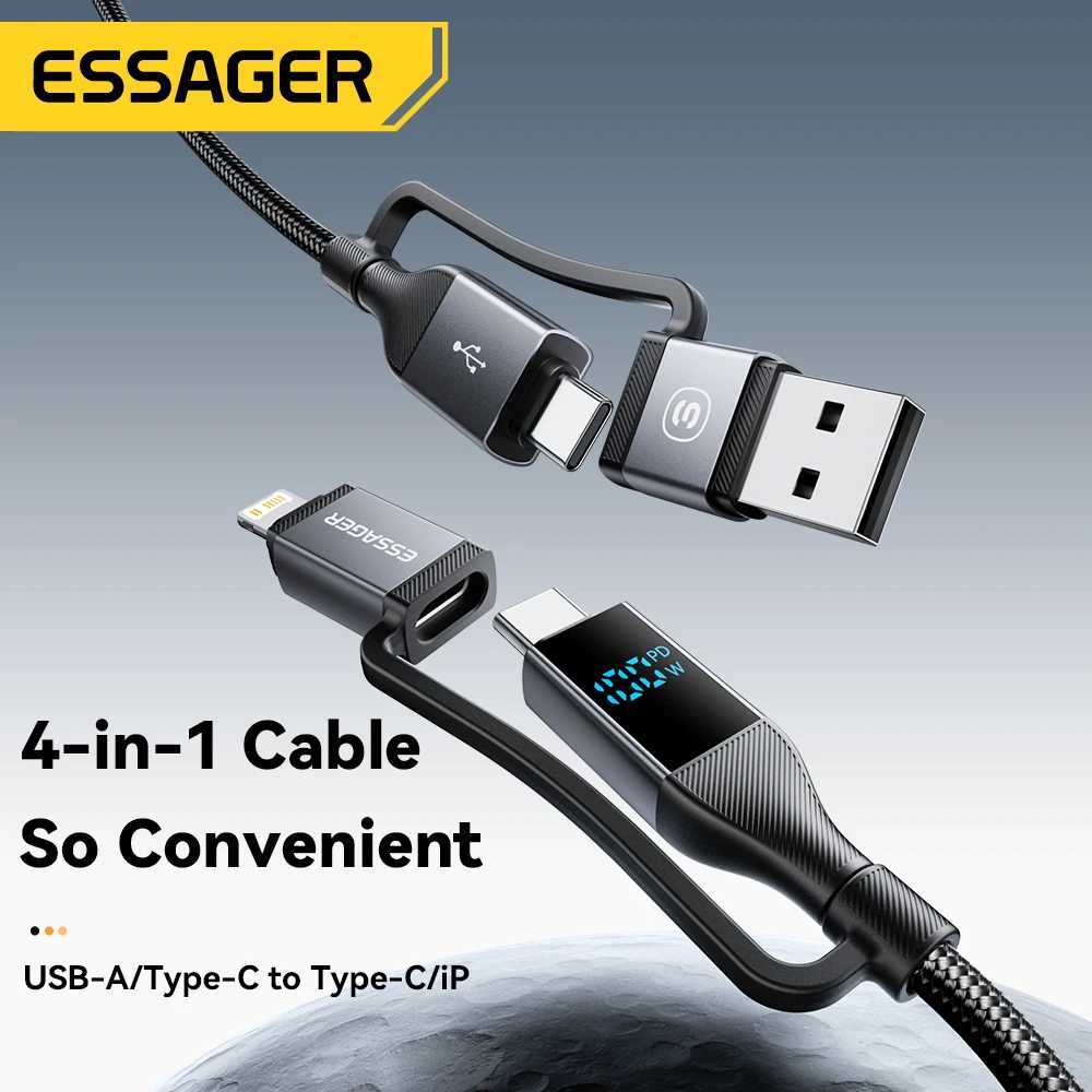 Essager 4 In 1 Digital Display USB Cable Type C 100W PD Fast Charging Wire For iPhone book iPad Type C Lighting Cable C251203