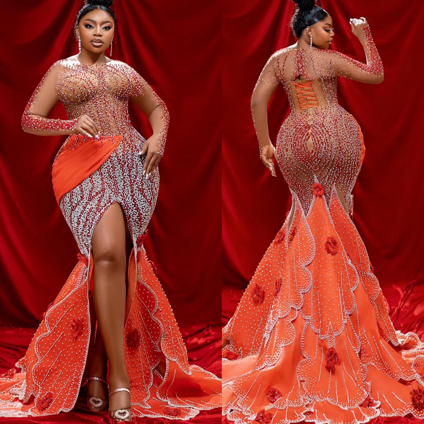 Aso Ebi Burnt Orange Mermaid Prom Dresses 2026 Flowers Crystals Illusion Evening Formal Party Second Birthday Engagement Gowns Dress For Special Occas
