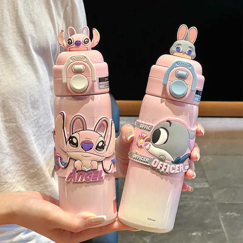 Disney 500ml Stitch Thermos Cup Zootopia Cartoon Nick Judy Dual-Drinking Straw Cup Cute Printing Student Water Cup Girl Gifts H251203