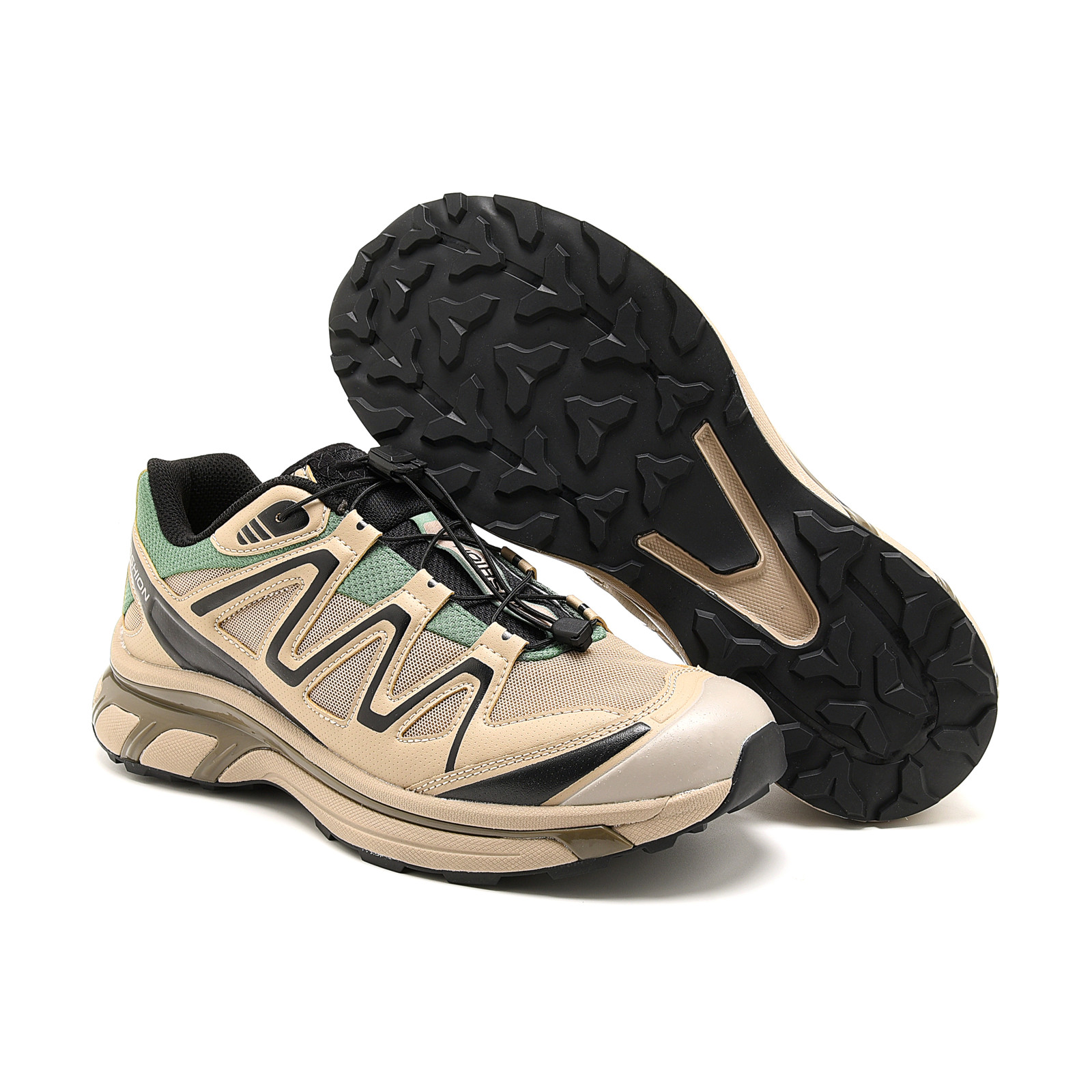 Men's Hiking Shoes Beige & Green Color Block Outdoor Casual Retro Sneakers Comfortable Daily Walking Shoes