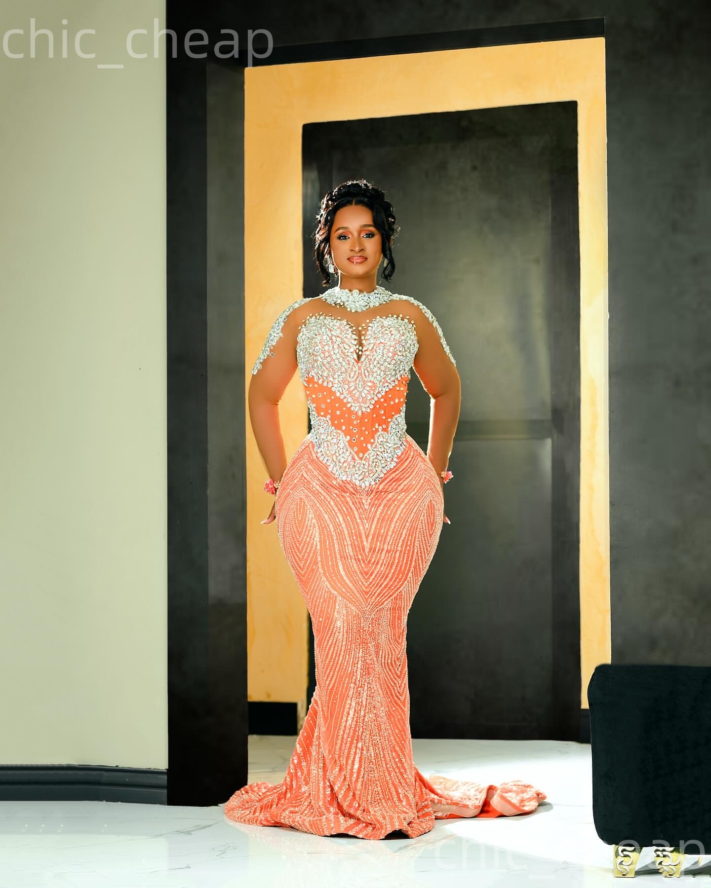 Aso Ebi Coral Mermaid Prom Dresses 2026 Beaded Crystals Full Sleeves Evening Formal Party Second Birthday Engagement Gowns Plus Size Dress For Special