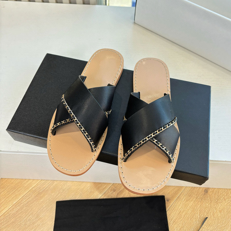 designer shoe woman slippers Luxury slide summer new women's Chain flat slides top quality casual genuine leather open toe Beach sandals Vacation mules shoes dress