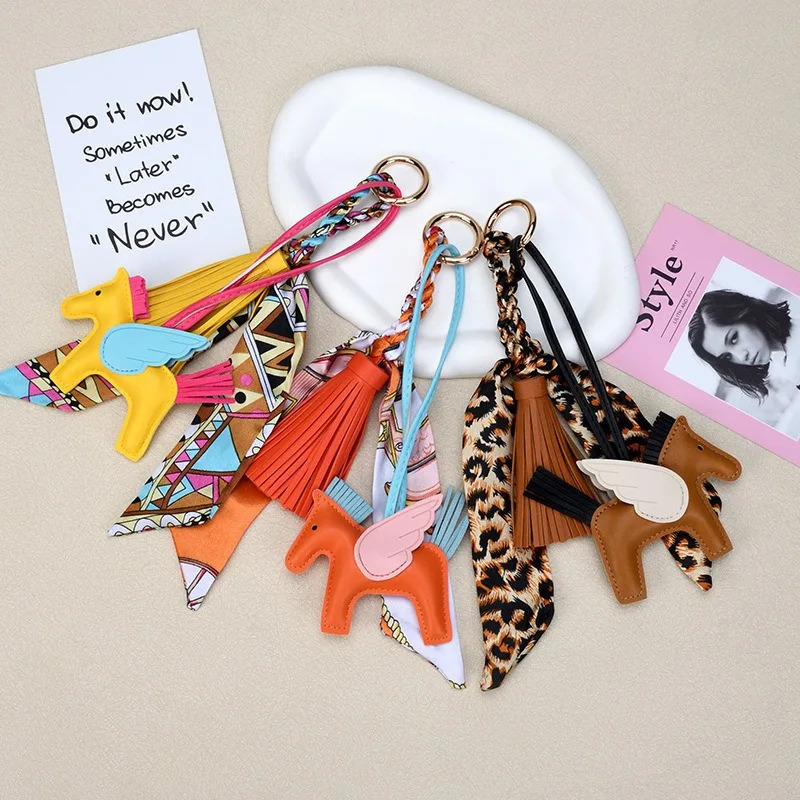 womens bags American fashion small Pegasus pendant high-end silk scarf PU leather fringed bag pendant car keychain 251126