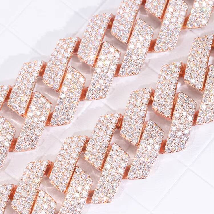 Hot Sale Customizable Miami Style Cuban Chain 255mm Wide 3 Rows VVS Moissanite Pink Color Hip-hop Silver 3 Rows VVS Moissanite