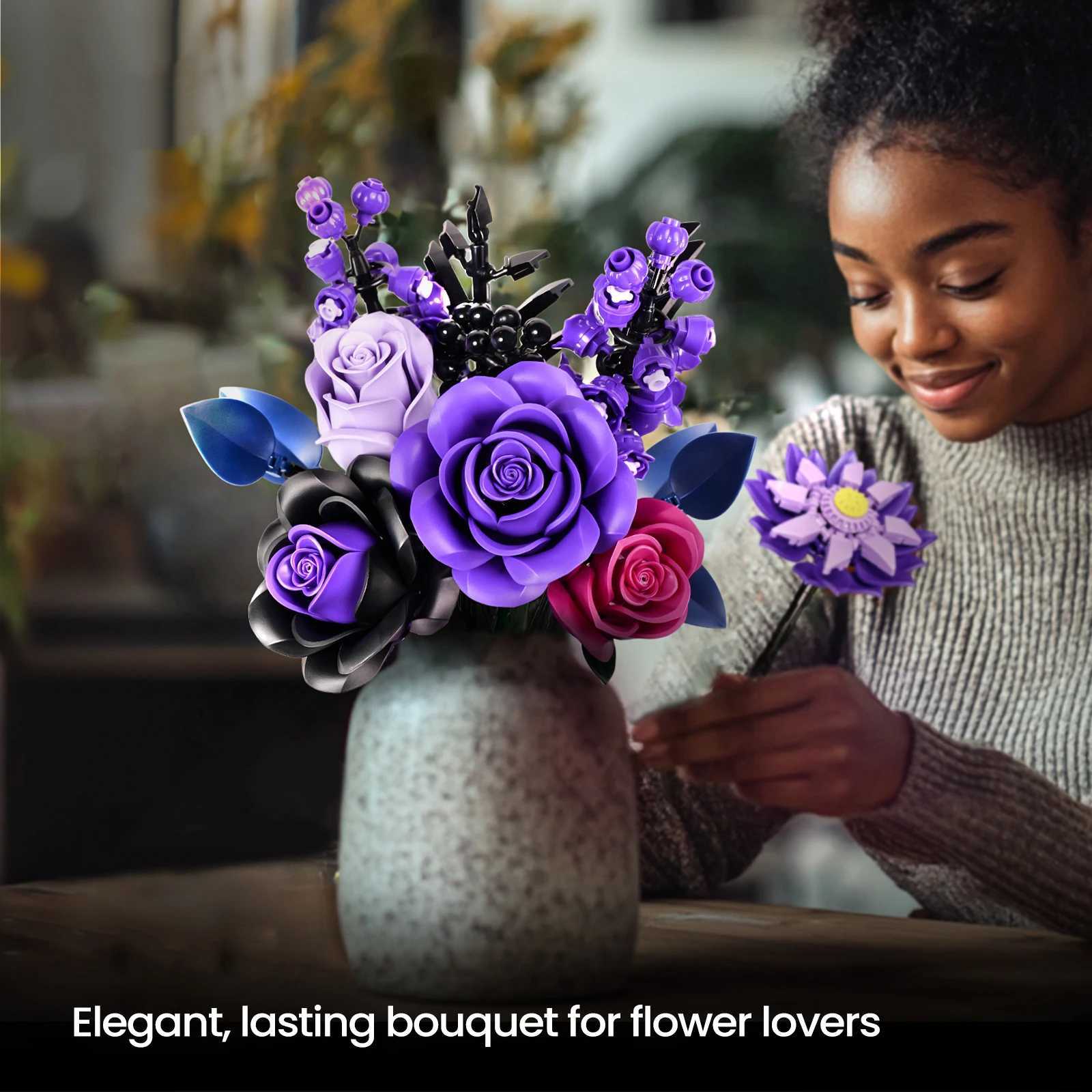 Purple Roses Blocks Flowers Building Set Simated Rose Wedding Floral He Decoration Bouquet Brick Toy Birthday Gift for Adt C251203