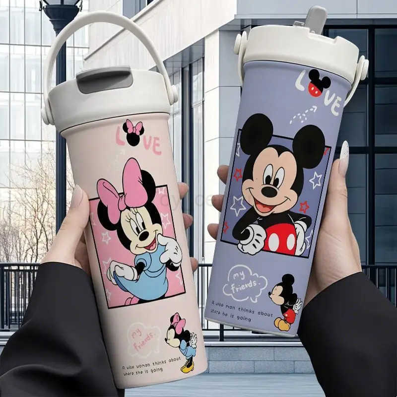 Disney Minnie Mickey Thermos High Color Value Printed Couple Outdoor Sports Portable Large Capacity Double Drinking Suction Cup H251203