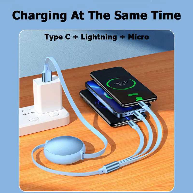3-in-1 Retractable 100W 6A Fast Charging USB To Type-C Micro Fast Charger Cable For iPhone 12M Cables C251203