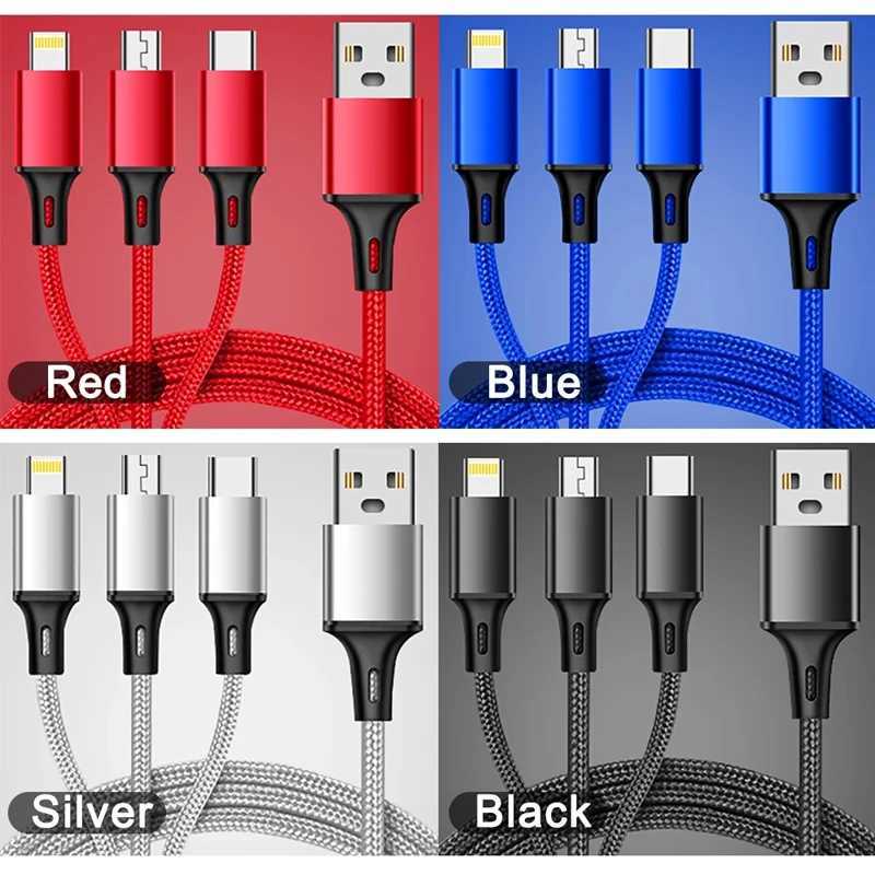 3 In 1 USB Charger Fast Charging Cable Type C Micro LIGHTNING Mti Charger Cable for iPhone Nylon Braided Cord C251203
