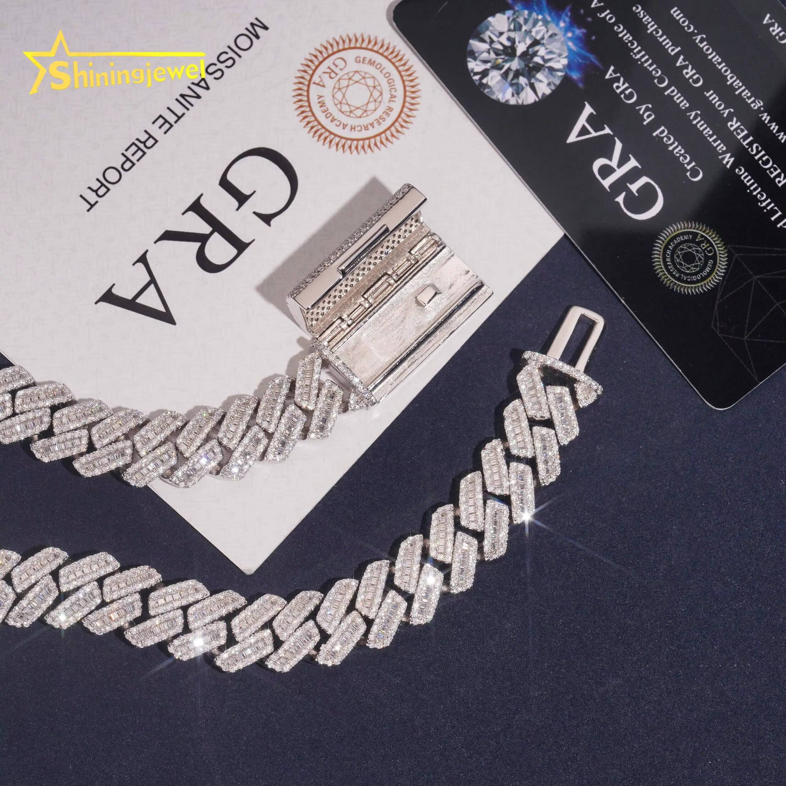 High Quality Iced Out 925 Silver 12mm Baguette Diamond Custom Hip Hop Necklace Cuban Link Chain