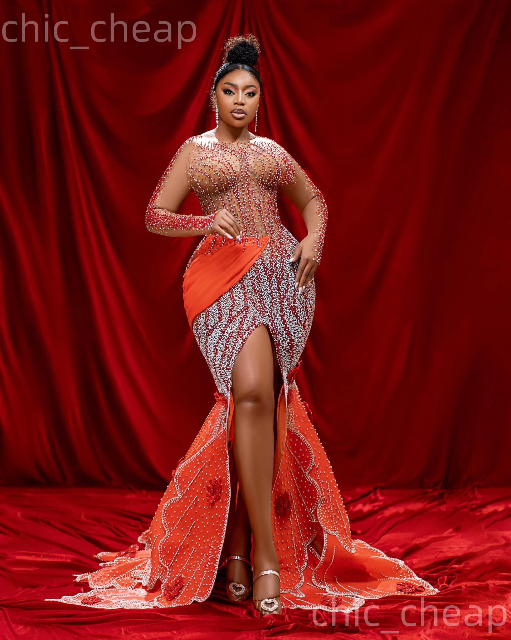 Aso Ebi Burnt Orange Mermaid Prom Dresses 2026 Flowers Crystals Illusion Evening Formal Party Second Birthday Engagement Gowns Dress For Special Occas